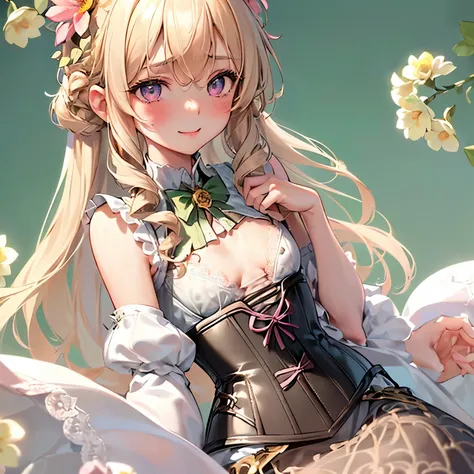 girl,cute,(thin blonde hair:1.2),(long hair with curls:1.2),(With bangs),(Eye size:1.5),(Lace dress:1.3),(corset:1.3),(blush:1.2),(small breasts:1.6),(Smile slightly:1.1),(close up of face:1.5),(flower background:1.5),((white, pink, light blue, and yellow-...