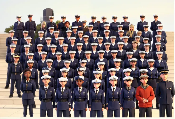 90 young people aged 18, navy recruits, 4 black, 8 light brown, 10 blonde, and the rest light, all in navy uniforms