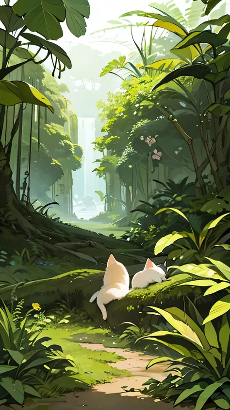 The tree々Digital painting of jungle scene, Deep jungle from another world, Fantasy Jungle, art nouveau jungle environment, Deep jungle texture, Jungle environment, eerie jungle, ,There is a fallen tree in the jungle, The white kitten is in the background o...