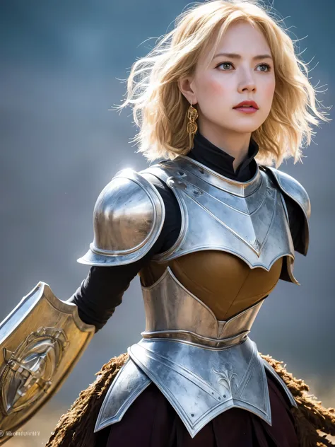 1 girl, Middle Earth Paladin ,Wearing armor ,Magic sword and powerful shield, Detail armor, Rusty armor, chain armor, Queens Crown, Fight goblins to protect innocent villagers, witch, short, thin, square face, olive skin, platinum blonde, golden eyes, shor...