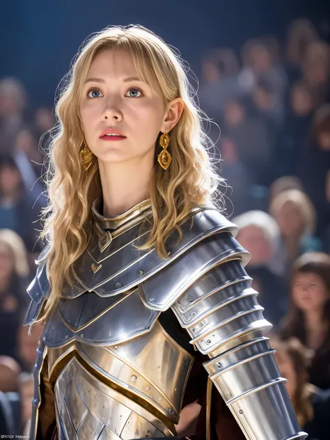 1 girl, Middle Earth Paladin ,Wearing armor ,Magic sword and powerful shield, Detail armor, Rusty armor, chain armor, Queens Crown, Fight goblins to protect innocent villagers, witch, short, thin, square face, olive skin, platinum blonde, golden eyes, shor...