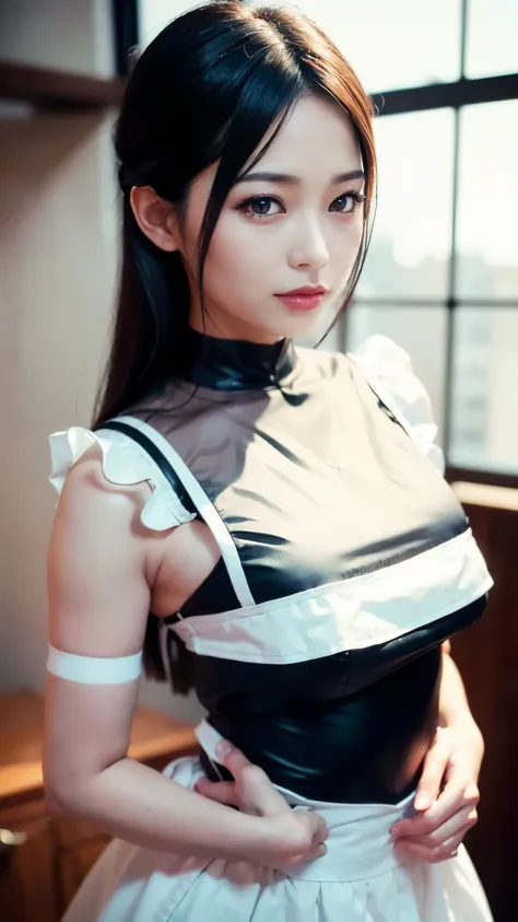 Arafe Asian woman wearing a maid outfit posing for a photo, Japanese maid cafe, maid outfit, wearing a maid outfit, catboy cosplay! Maid! Dress, maid, maid outfit, Shikamimi, Narumi Kakinouchi, Sakimi-chan, (Realism: 1.4), (Masterpiece: 1.3), (Complicated ...