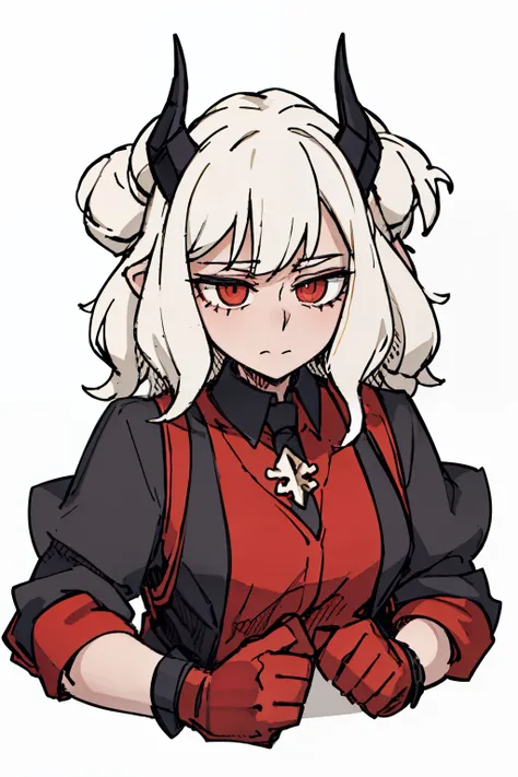 ((a woman,front,whole body)),dress,White curly hair，devil horns,White background