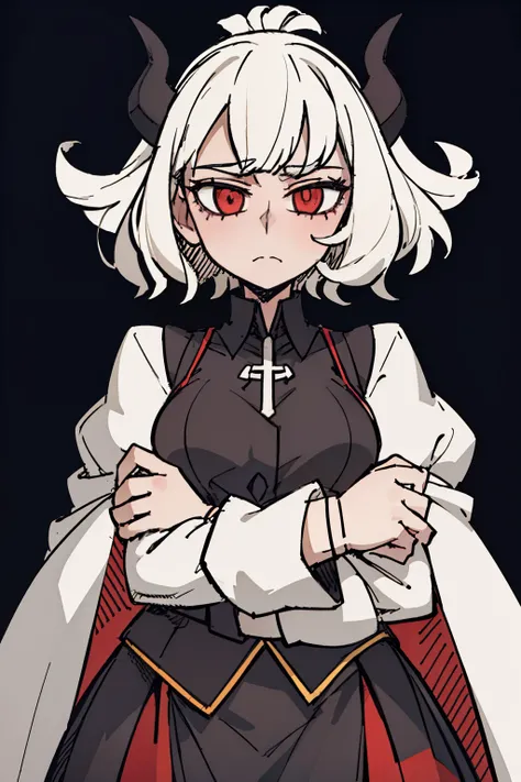 ((a woman,front,whole body)),dress,White curly hair，devil horns,White background