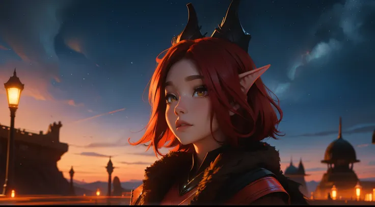 Fantasy, red Hair, brown Eyes, elves ears, futuristic, Passing night landscape, A beautiful girl, UHD Portrait, (High quality) (ultra details) Looking at the viewer; different, colorful, short hair, no hands.