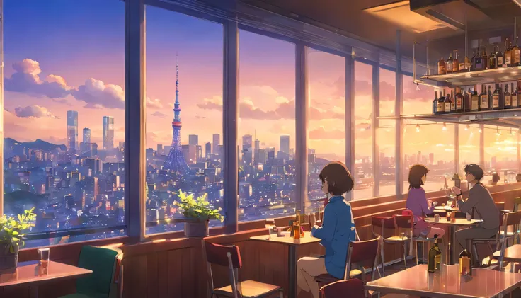 unmanned, tokyo, cafe, large window overlooking beautiful city scenery, (staring at the scenery), whisky, wine, jazz vibes