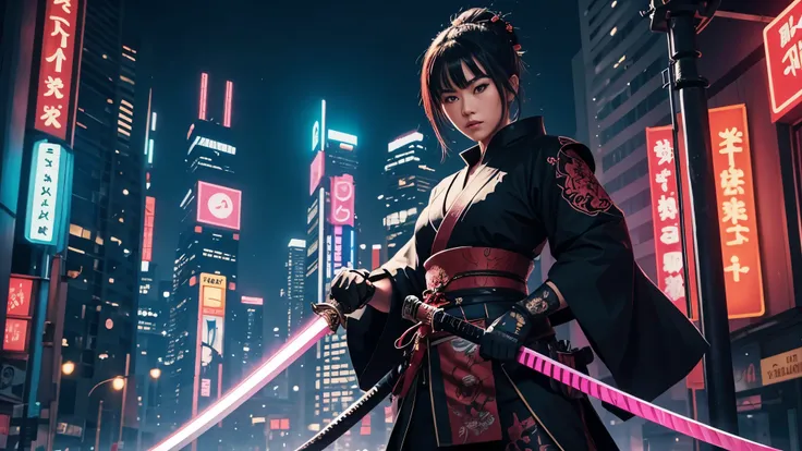 bright neon mega city with a women samurai holding a large katana, tattoos, colorful bright
