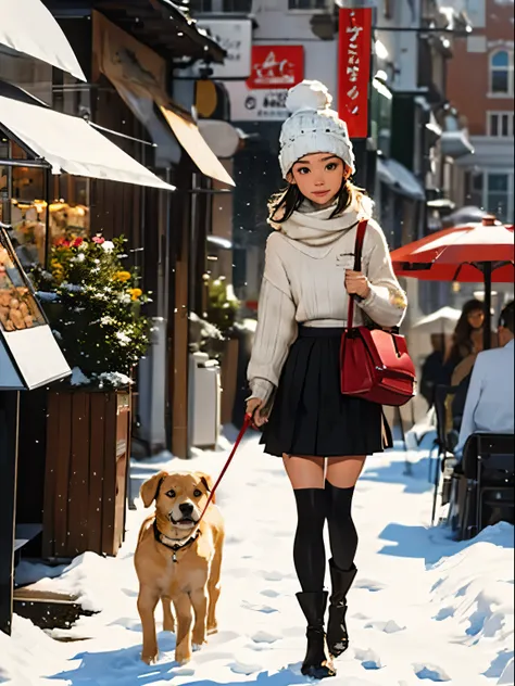 (best quality,8 thousand,very detailed,accurate,Great Quality,from below angle,mature woman,droopy eyes,My face turned red.,Walk through the city,winter park,She is holding a small dog,Food Trucks,Bustling streets,high-rise building,heavy snowy,white breat...