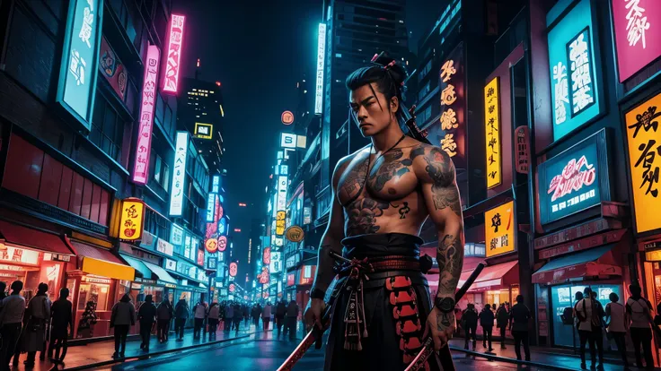 bright neon mega city with a samurai holding a large katana, tattoos, colorful bright
