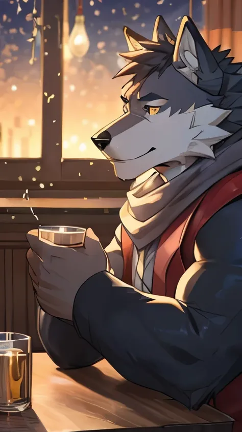 furry male wolf, big body, drunk and sleepy, celebrating new year, lonely