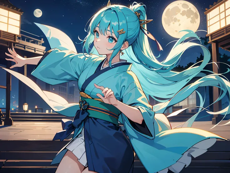 （muste piece）（best quality）（4K）10th generation women、turquoise hair、Hairpin、dark blue kimono（long hem）、Have a fan、dance、outdoor stage、A night with the moon and stars