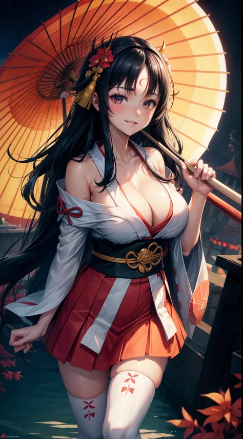 girl, white skin, huge , shrine maiden, Kimono, There is a cleavage in the chest, Red and white costume, Skirt, over-the-knee socks, long hair, Ban umbrella, Holding an umbrella, straight hair, black hair, Forehead, floating hair, Feel happy, shy smile, ((...