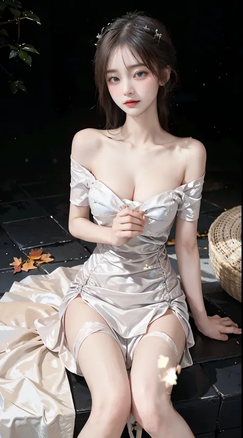 short sleeves,off shoulder, dress, A beautiful girl in a modest autumn dress、We color the season with elegant costumes.。 Her white hair didnt sway in the wind、Shortcuts give a classy impression。 Blue eyes reminiscent of the autumn sky、Her skin is gentle wi...