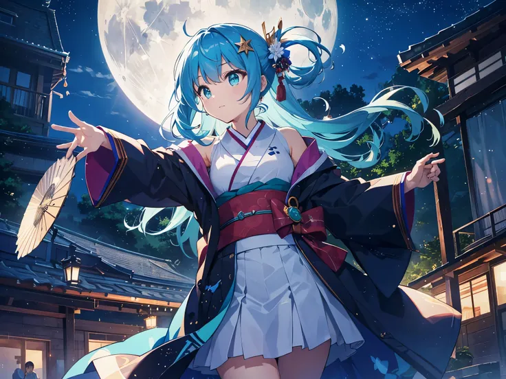 （muste piece）（best quality）（4K）10th generation women、turquoise hair、Hairpin、dark blue kimono（long hem）、Have a fan、dance、outdoor stage、A night with the moon and stars