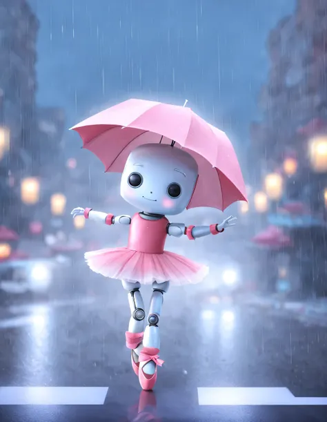 robot ballerina dancing in the rain, crowded street in the background, lighting of lampposts，author：nicoletta ceccoli --ar 2:3 -...