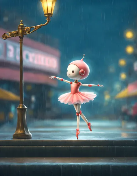 robot ballerina dancing in the rain, crowded street in the background, lighting of lampposts，author：nicoletta ceccoli --ar 2:3 -...