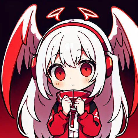 teenage girl，white hair，red glowing eyes, sportswear, lifelike,（Red and white trench coat），Red scarf，black shorts，Black T-shirt，long sleeves，red and white headphones，((Multiple pairs of angel wings))，side light, wallpaper, national foundation, Depict femal...