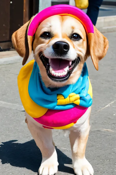 "Capture the delightful scene of a happy dog standing upright on its legs, Walk with a pleasant gait,like a bright smile. The dog wears a stylish and chic miniature designer outfit, Paired with a miniature luxury brand handbag. focus on facial expression, ...