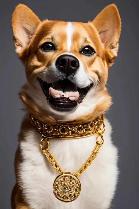 "Capturing the joyful and stylish essence of dogs standing upright like humans, Showcasing chic clothing and gold jewelry. A broad light appears on the dog's face, a human smile,Exuding happiness and charm. This outfit is a stylish suit, Maybe a nice j...