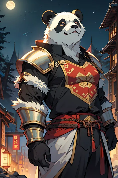 panda bear monster, Oriental armor, Outdoor scenery, Nighttime