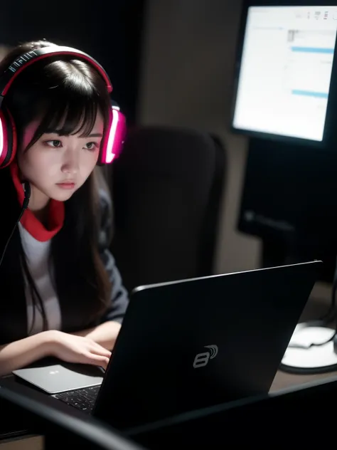 woman sitting at a table with a laptop and headphones on, wearing gaming headset, wearing a gaming headset, sitting in front of computer, wearing a headset, in front of a computer, girl wearing headphones, wearing headset, working in a call center, sitting...