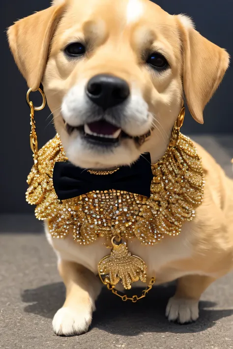 "capturing the joyful and stylish essence of dogs standing upright like humans, showcasing chic clothing and gold jewelry. a bro...