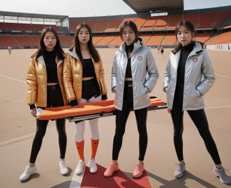 Inside a soccer stadium with intense green turf four japanese girls in high gloss brilliant and shiny quilted puffer jackets and vinyl leggings are holding a medical stretcher with an orange PVC-surface