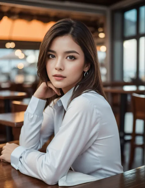 photo of (sh0hreh:0.99), a stunning beautiful young woman, hazel eyes, long messy windy light brown hair, closeup zoomed in tight crop portrait, sitting at a (table on a seaside boardwalk cafe bar drinks cocktails:1.2) wearing a (red designer long sleeve s...