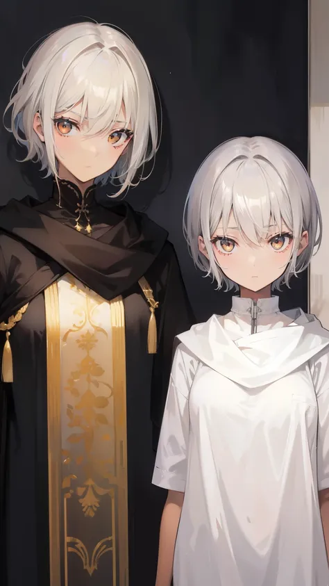 Highest image quality,Twin girls,gray hair,very short hair,short hair,golden eyes,Stinking eyes,brown skin,brown skin,black skin,sunburn,slender,Glossy skin,Arabian,Assassin,