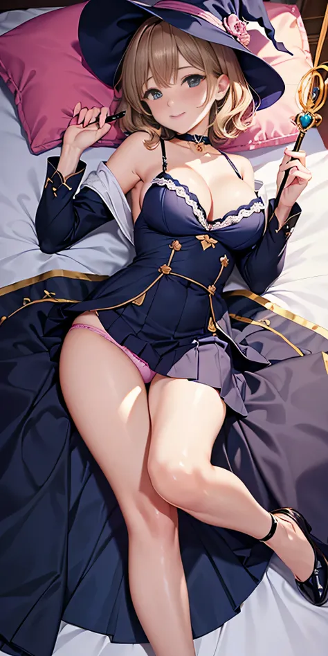 debris flies, highest quality, Highly detailed CG Unity 8K wallpaper, sexy witch , short hair、Dark blonde wavy hair、off shoulder knit, dark blue pleated skirt, stockings、medium breasts, saggy breasts, Pose that emphasizes the chest, blush, shy smile, bare ...