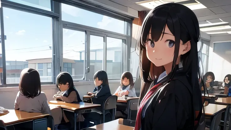 School、high school student、16 years old、Energetic girl、cute、hair is black and long、very smiling、Black Sarah Outfit、Sitting on a chair in a classroom、lots of chairs lined up、student is sitting on a chair