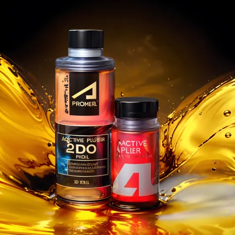 there are two bottles of active plus and a bottle of gold, commercial product photography, product render, 3 d product render, product photography 4 k, oil inks, golden ooil spash after botles impacted oil surface, productphoto, full image, professional pr...