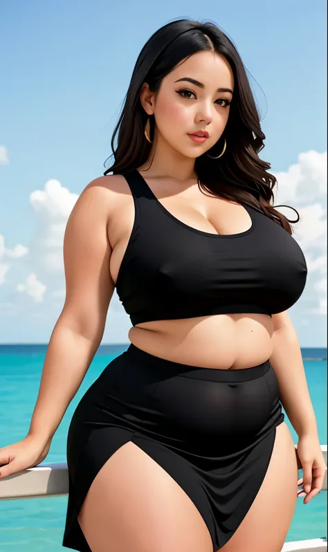 araffe woman in a white tank top and black skirt posing for a picture, she has a jiggly fat round belly, beautiful thick female, thick body, curvy model, short robust woman, thicc, alluring plus sized model, close up half body shot, angelawhite, her belly ...