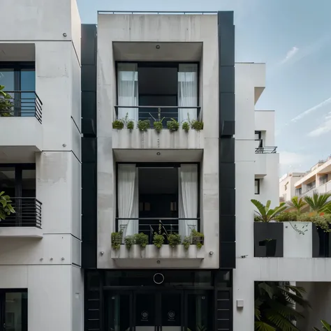 imagem frontal,plano ,ultra realistic and super modern building facade with balcony and many plants with black marble details 