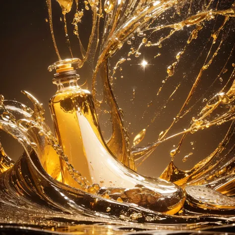 In the heart of a state-of-the-art photography studio, a golden oil bottle lies in wait on a pristinewhite tabletop. The moment the stopper is removed, a cascade of golden liquid spills out, creating a mesmerizing ripple effect on the oil surface. The came...