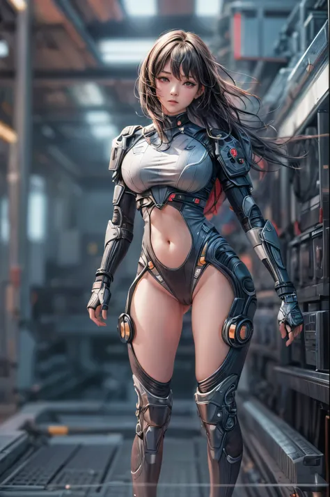 delicate face, 20-year-old kpop idol cyborg girl, dark(carbon fiber high leg cut leotard), Chest opening, {{angled bob}}, (big breasts:1.25), (mechanical joint), bangs, attractive curves, mid pelvis, seaside, standing posture, beach, glowing skin, ((puffya...