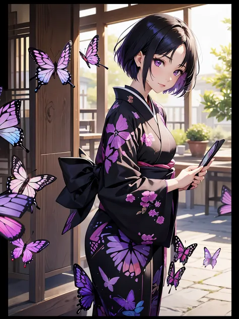 Mature girl, short hair, black purple hair, wesring kimono butterfly motif