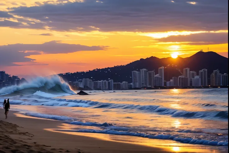 golden hour,copacabana beach rio de janeiro,beachside sunset,palm trees swaying gently,sparkling ocean waves,golden sand,beachgoers enjoying the warm weather,vibrant colors,breathtaking view of the city lights,cityscape in the background,soft warm light ca...