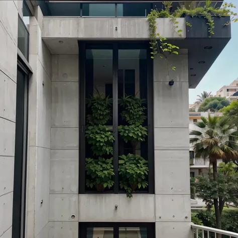 imagem frontal,plano ,ultra realistic and super modern building facade with balcony and many plants with black marble details 