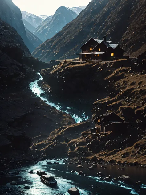 Dark valley, a house, river