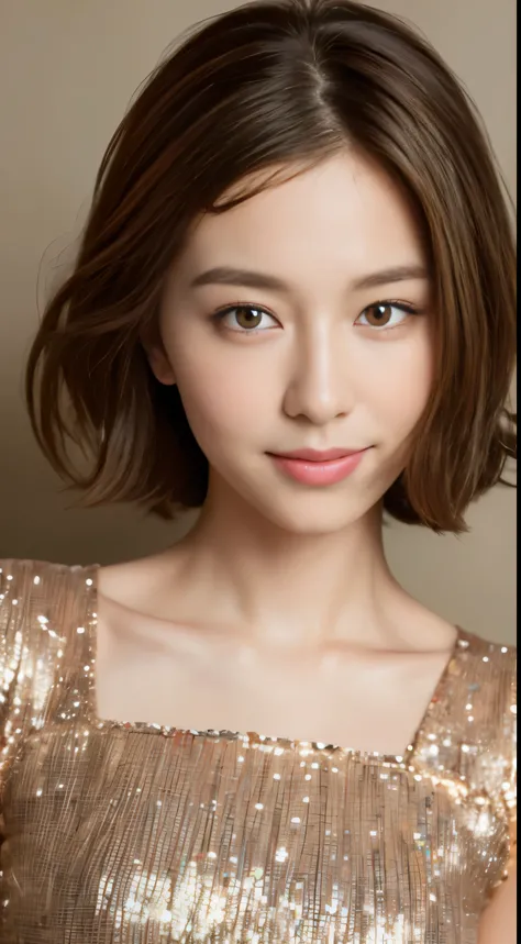 ((highest quality, 8K, masterpiece: 1.3)), 1 girl, The beauty of slim abs: 1.3, (Hairstyle brown hair short cut, big: 1.2), dress: 1.1, super slender face, delicate eyes, double eyelid, smile, Home, RAW photo