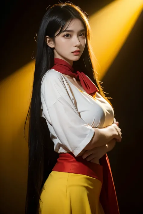 1个Giant Breast Girl, masterpiece,  school, Best quality at best, high qulity, OLGA_mary, black hair, long hair, hair between eye, red ascot, yellow skirt, Very long hair, cow boy shot, black background, yellow light rim