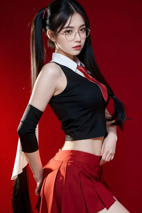 masterpiece,glasses, busty, school, Best quality at best, high qulity, OLGA_mary, black hair, twintail hair, hair between eye, red ascot, red skirt, Very long hair, cow boy shot, black background, red light rim