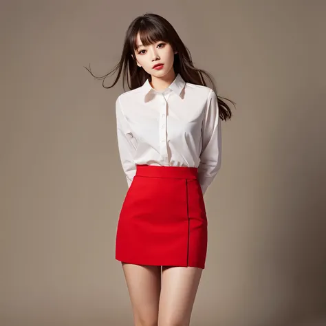 masterpiece, High resolution, high quality, very detailed, red mini skirt, black ribbon, white shirt,