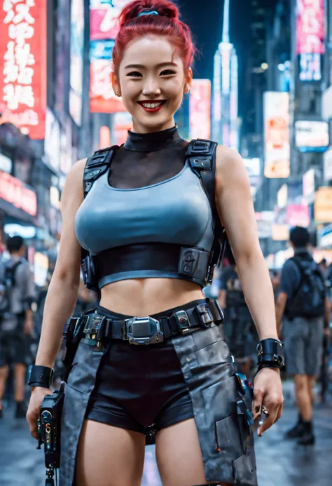 masterpiece, best quality, ((smiling)) cyberpunk girls standing, having grey and grey uniform and black long skirt, Harajuku-inspired cyberpunk body harness, bold colors and patterns, eye-catching accessories, trendy and innovative hairstyle with baroque i...