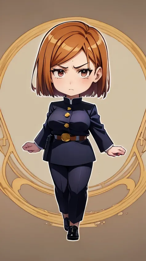 Chibi character pixel art, ((nobara kugisaki)), 1 girl with short brown hair standing, Chibi style, high quality pixel art, Gege Akutami, photography, beautiful, colorful,realistic, masterpieces, top quality, best quality, official art, beautiful and aesth...