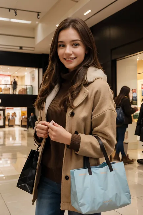 a 25 year old girl, brown hair , warm clothes , in a mall ,caring shopping bags ,background , kindly smiling ,selfie photo, realistic , ultra realistic, good quality , ultra quality, detailed 