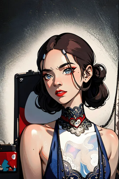 (Masterpiece:1.2, Best quality), (real photo, Intricate details), (1lady, solo, Upper body, small breast) ,all body,clothes:advance guard,advance guard,Experiment with appearance:Shave your head or bold hair color,Dramatic makeup,Unconventional fashion cho...