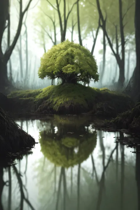 Analog style, ChromaV5, nvinkpunk,(extremely detailed CG unity 8k wallpaper), A Landscape of a murky and ominous swamp, the water is still and dark, the trees are twisted and gnarled, with moss hanging from the branches, a thick mist hangs in the air, the ...