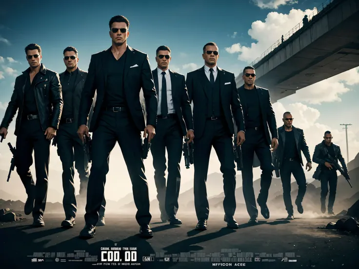 action movie poster, group of eight men, cool composition, orderly and cool, armed, wearing cool clothes, handsome guy